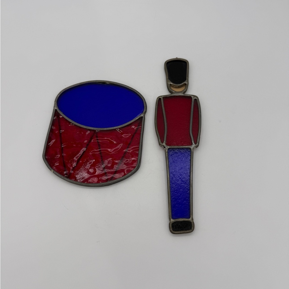 Lot Of 2 Christmas Toy Soldier & Drum Hanging Stained Glass Ornament Suncatchers
